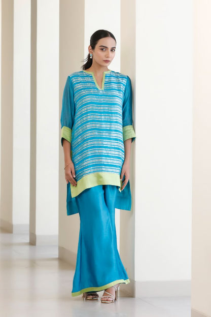 Bandhan Blue Organza Stripe Kurta Set