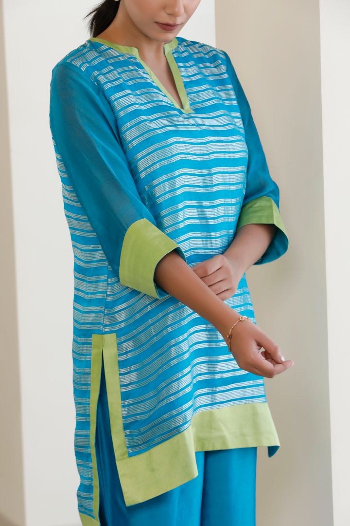 Bandhan Blue Organza Stripe Kurta Set