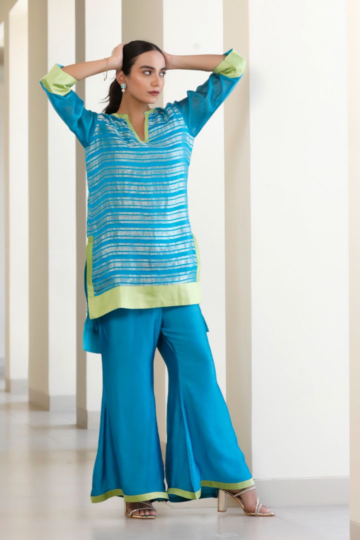 Bandhan Blue Organza Stripe Kurta Set