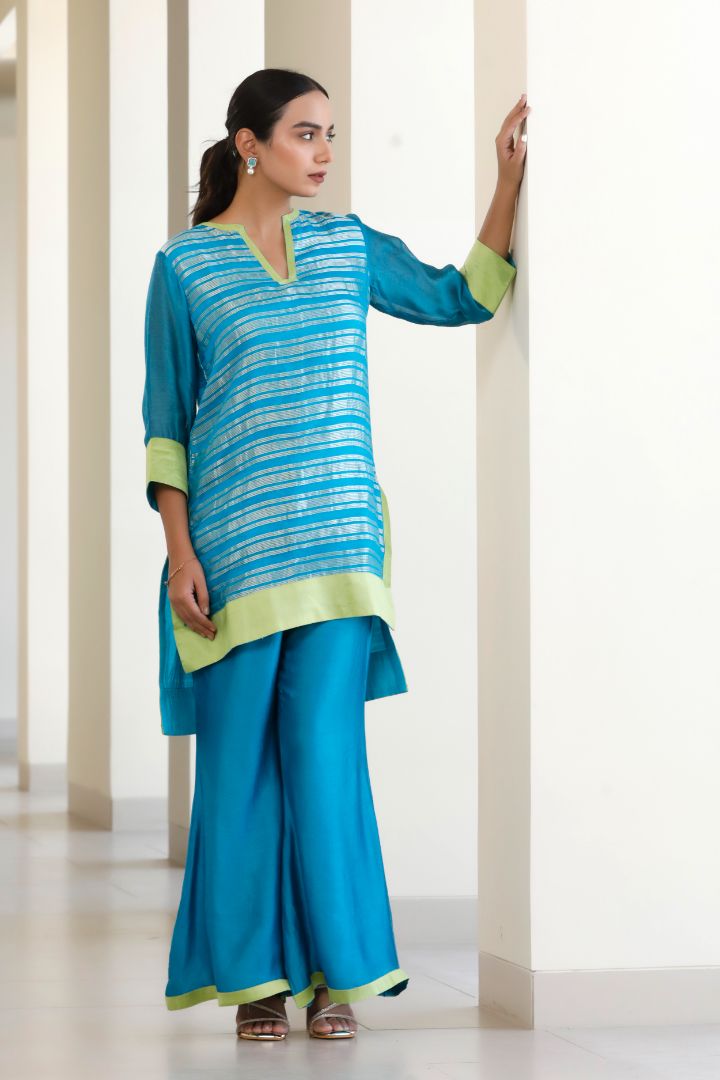 Bandhan Blue Organza Stripe Kurta Set