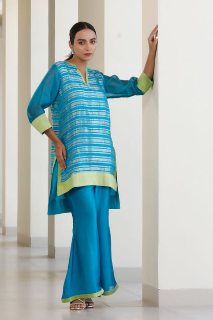 Bandhan Blue Organza Stripe Kurta Set