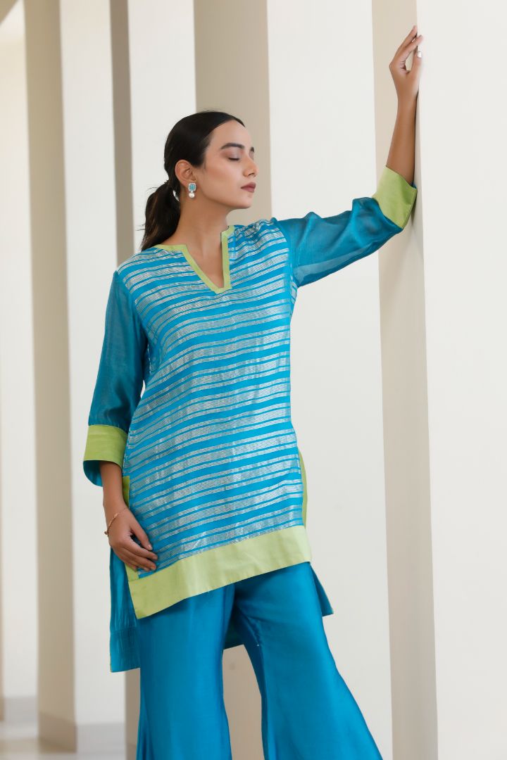 Bandhan Blue Organza Stripe Kurta Set