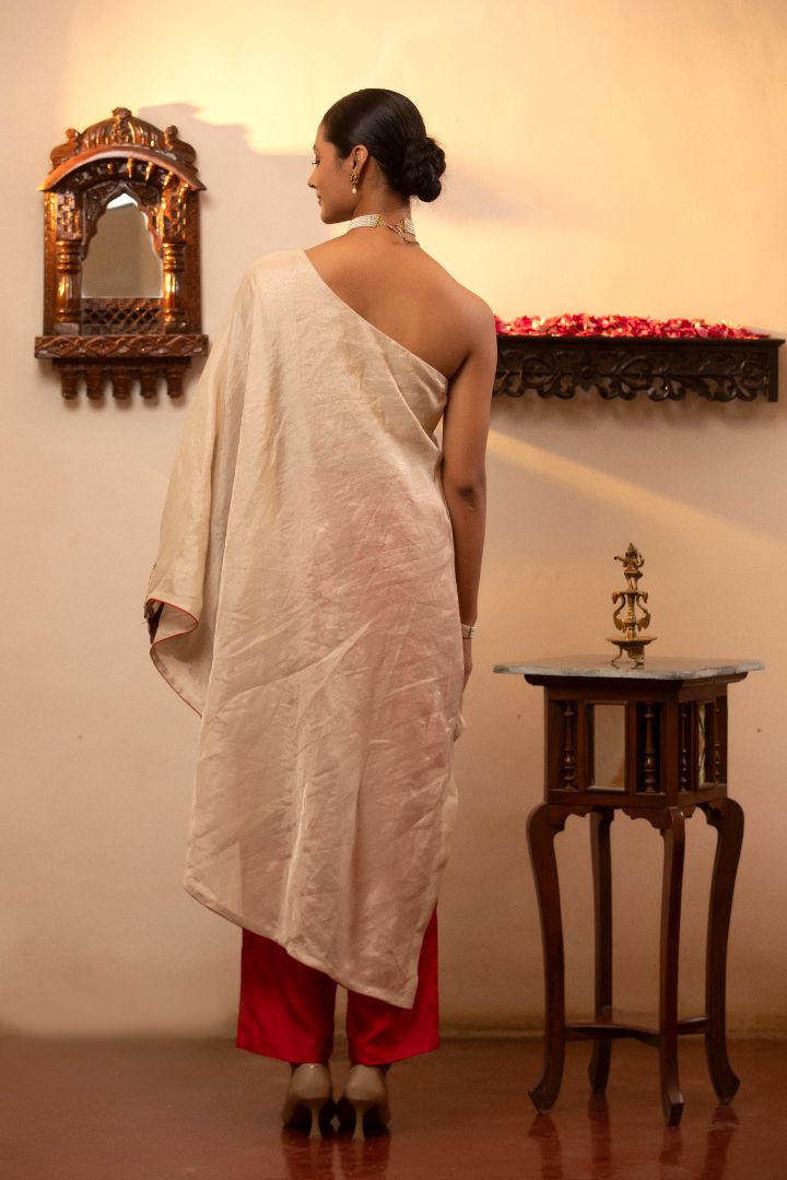 Parv - One Side Shoulder Silver Kurta Set