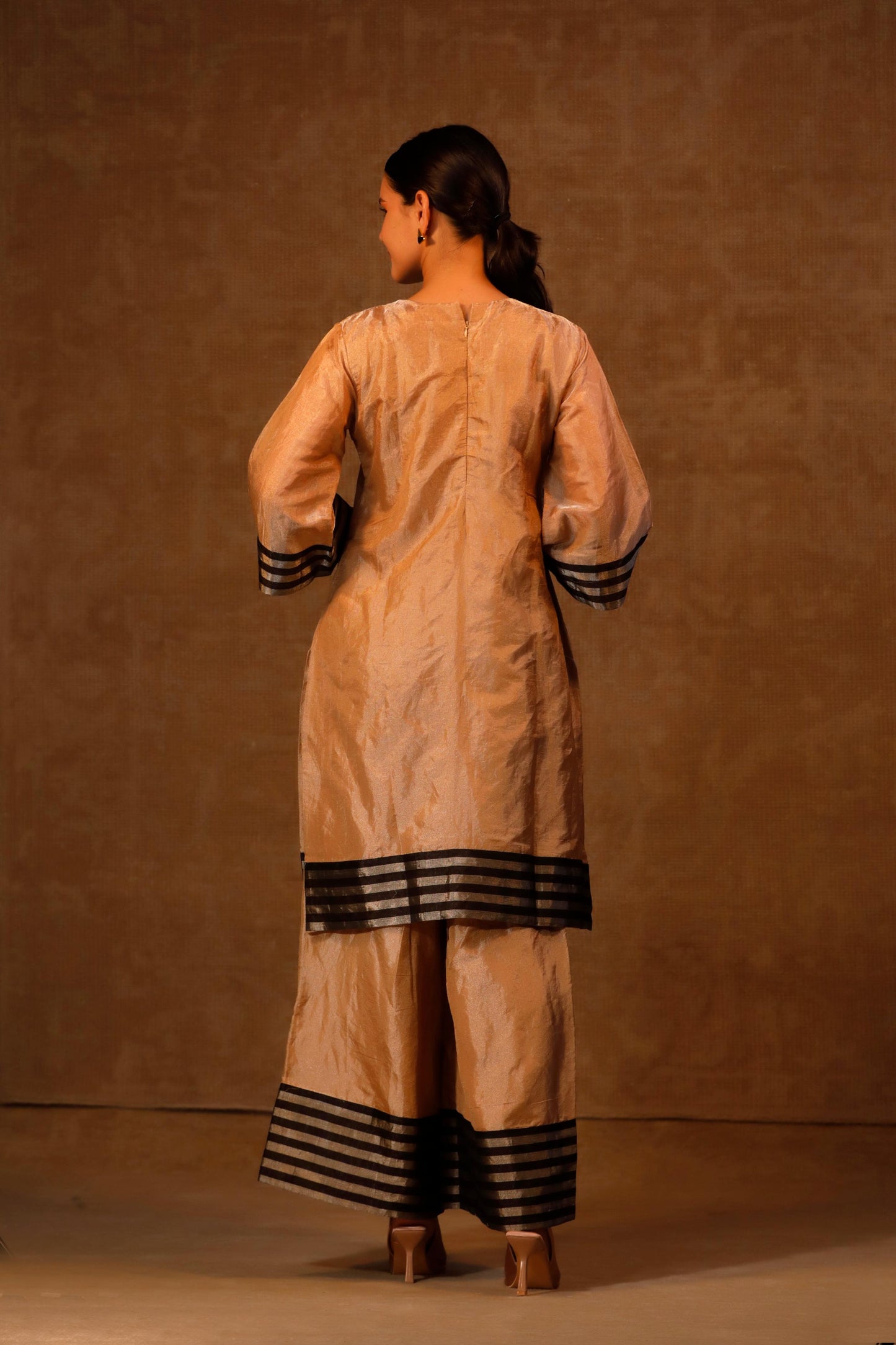 Dhun Zari Striped Patch Kurta Set-Brown