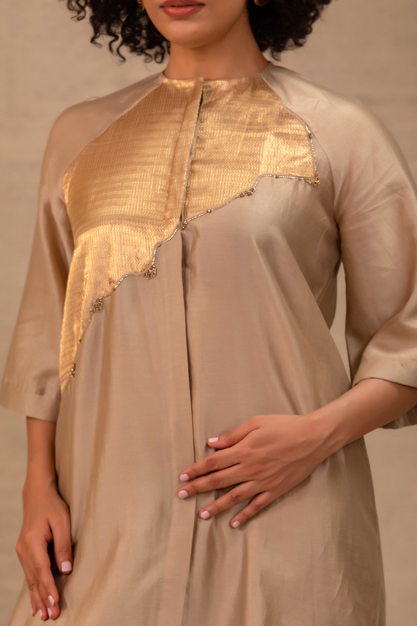 Eeda Silk Chanderi Kurta Set with Asymmetrical Patchwork - Grey