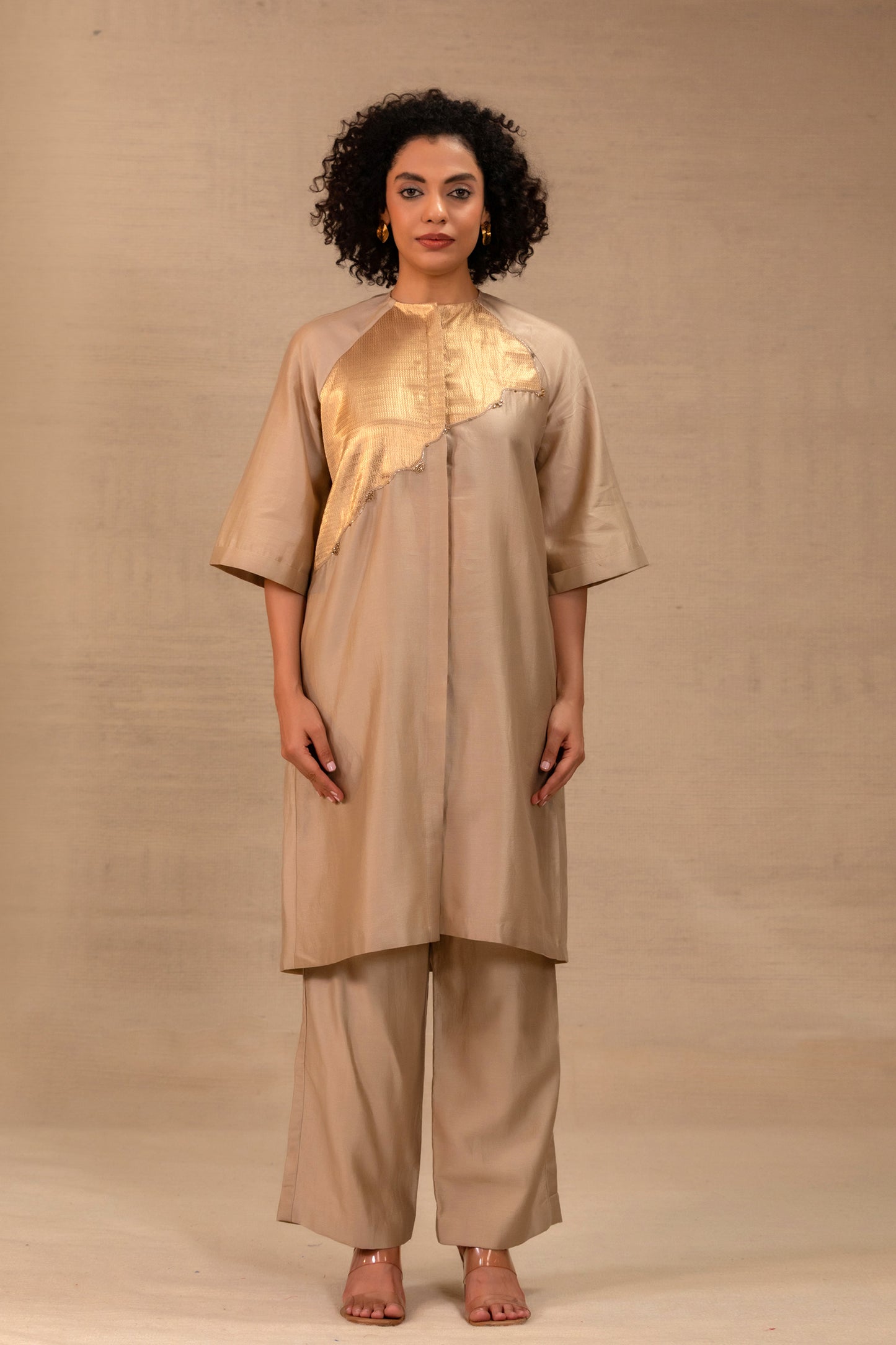 Grey Chanderi kurta set with a gold tissue-brocade patch and matching pants — Eeda Spotlight