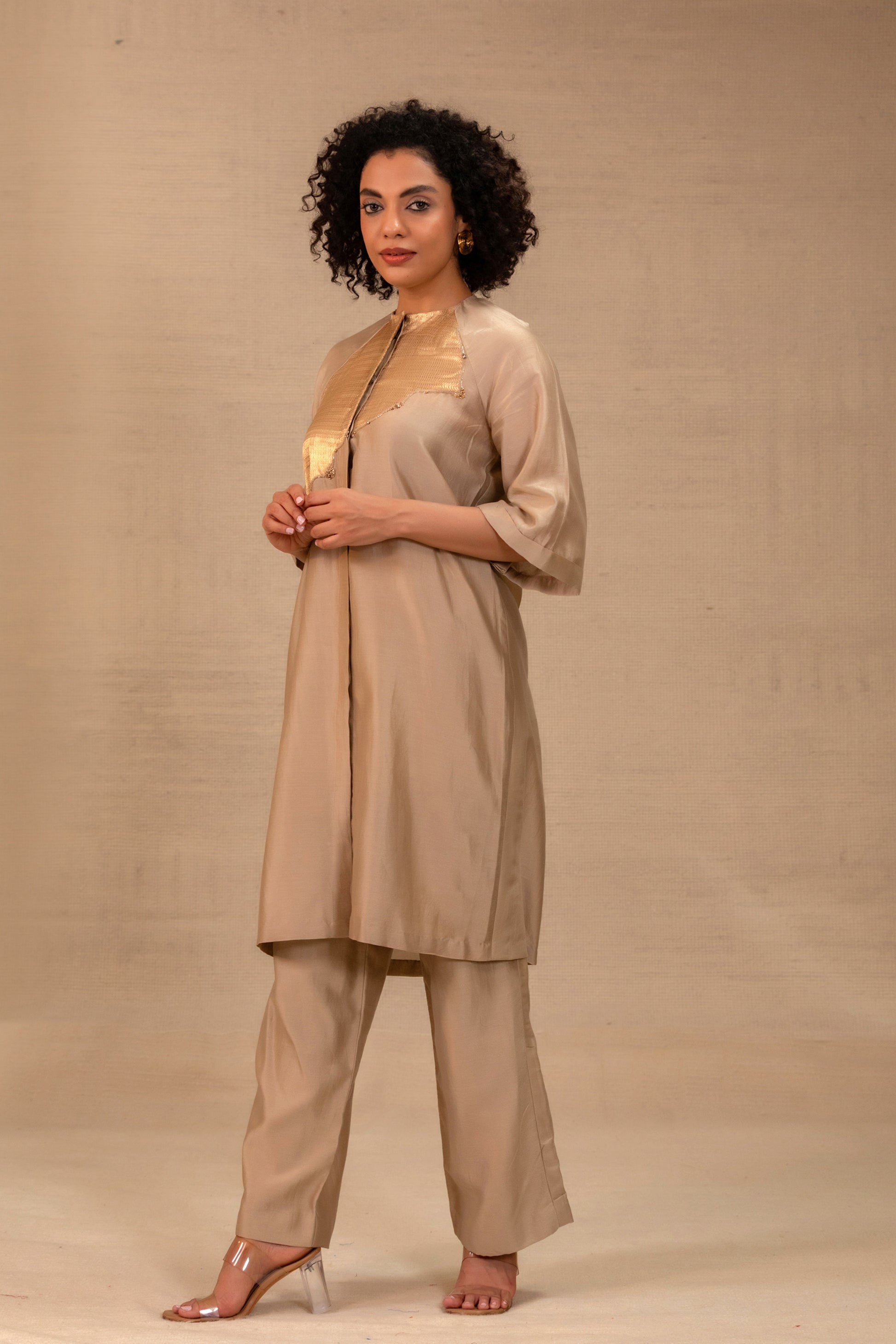 Pastel Chanderi Indo-western co-ord set with gold tissue patch — Eeda Spotlight