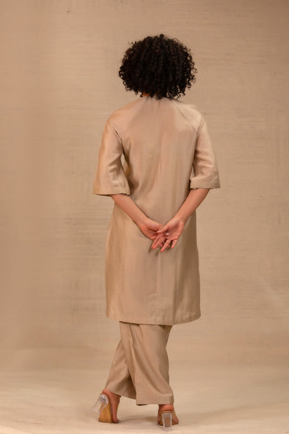Eeda Silk Chanderi Kurta Set with Asymmetrical Patchwork - Grey