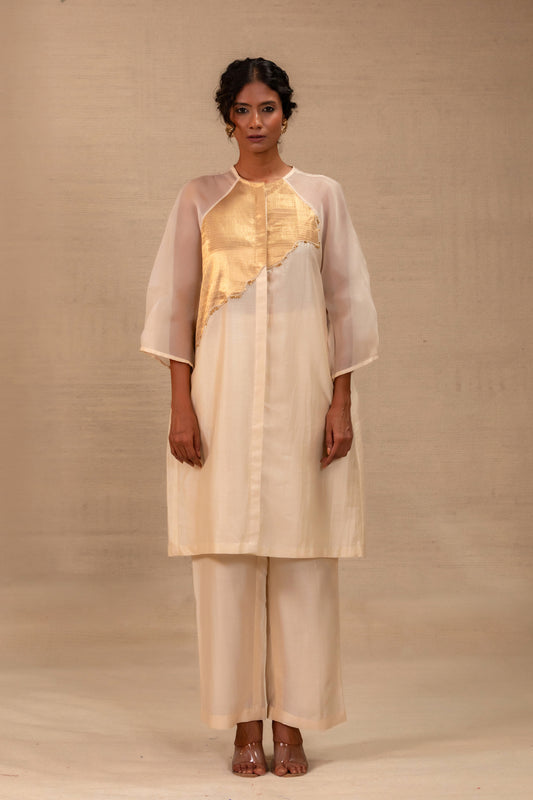 Ivory Chanderi kurta set with a gold tissue-brocade patch and matching pants — Eeda Spotlight