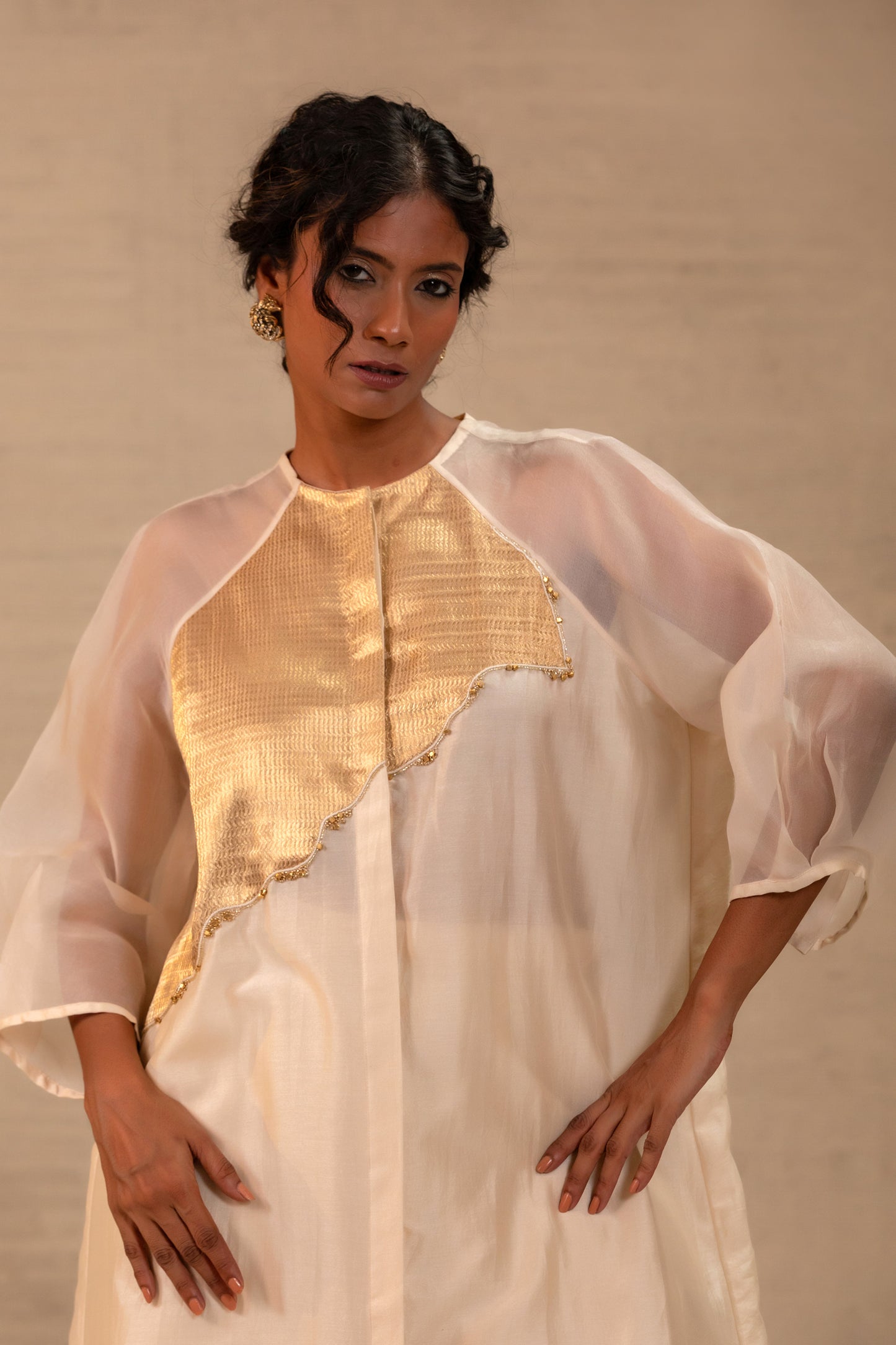 Eeda Silk Chanderi Kurta Set with Asymmetrical Patchwork - Ivory