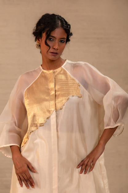 Eeda Silk Chanderi Kurta Set with Asymmetrical Patchwork - Ivory