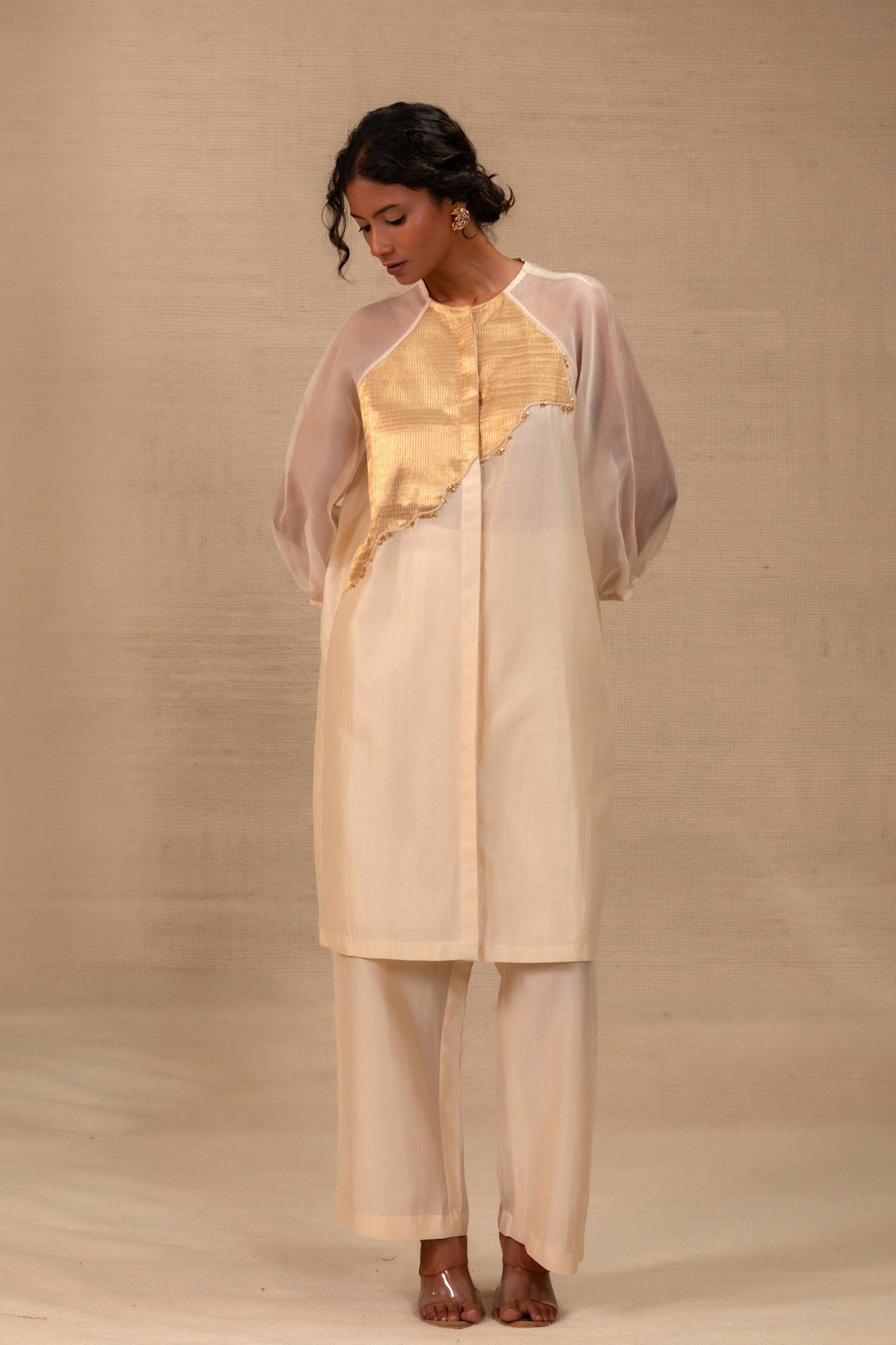 Cream Chanderi Indo-western co-ord set with gold tissue patch — Eeda Spotlight