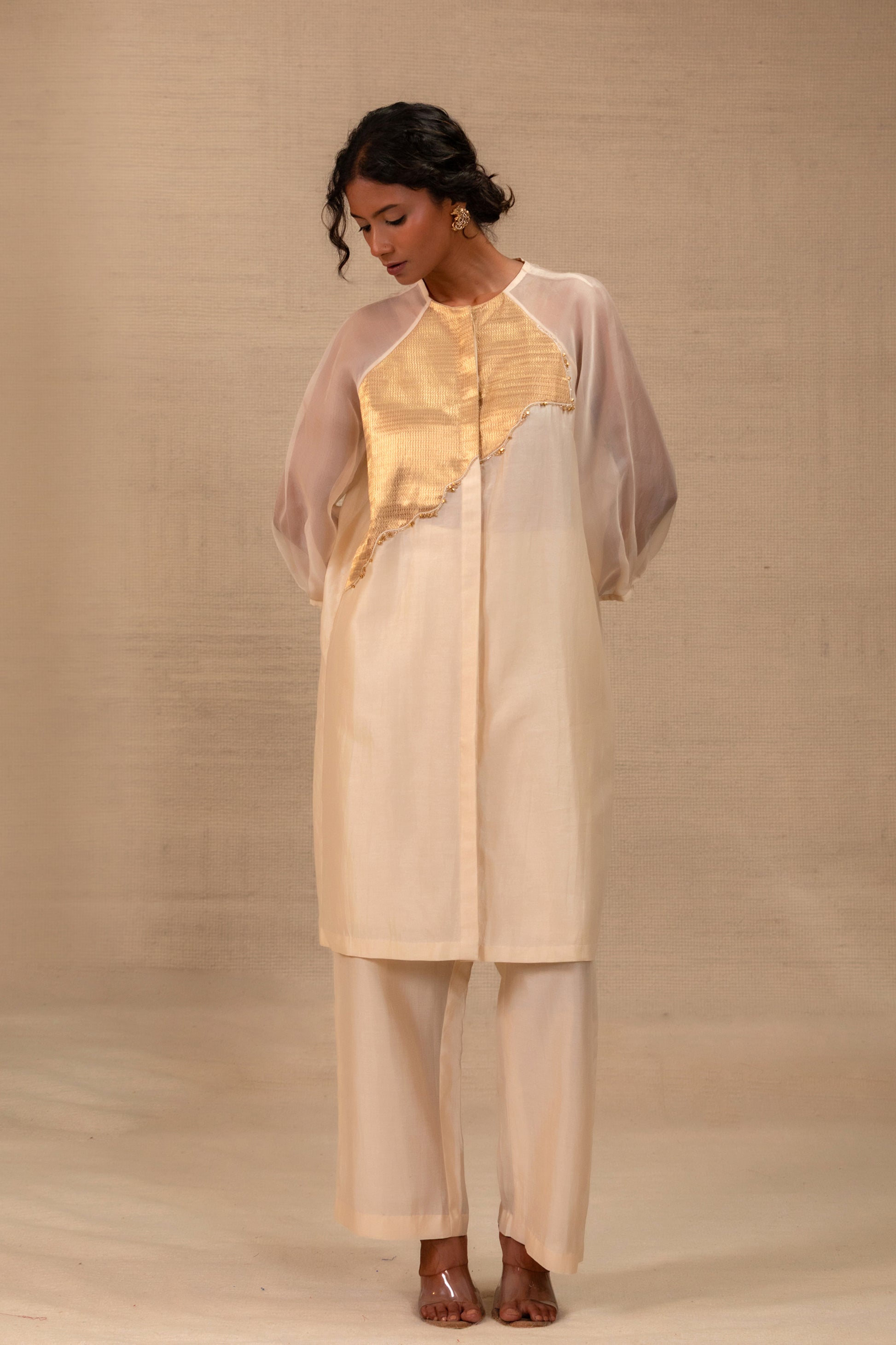 Cream Chanderi Indo-western co-ord set with gold tissue patch — Eeda Spotlight