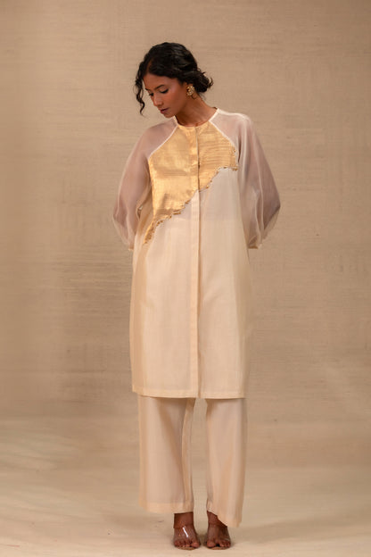 Cream Chanderi Indo-western co-ord set with gold tissue patch — Eeda Spotlight