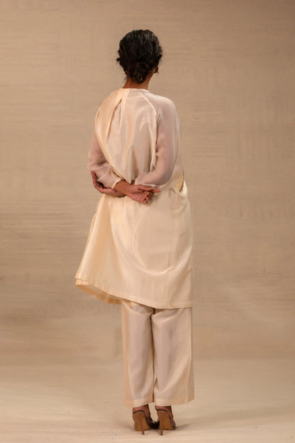 Eeda Silk Chanderi Kurta Set with Asymmetrical Patchwork - Ivory