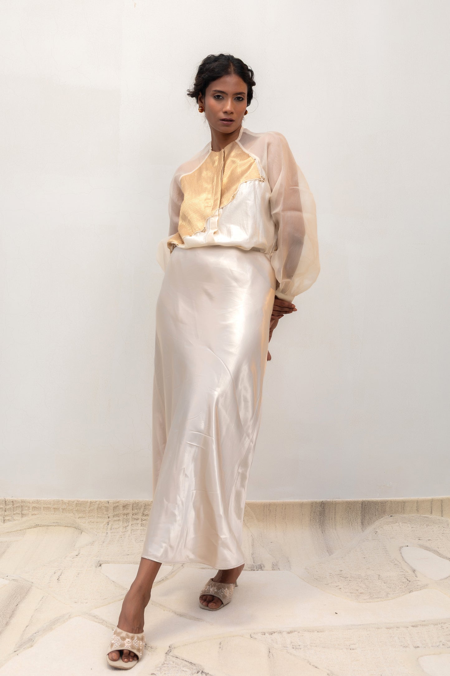 Eeda Silk Tissue Patchwork Shirt with Skirt - Ivory