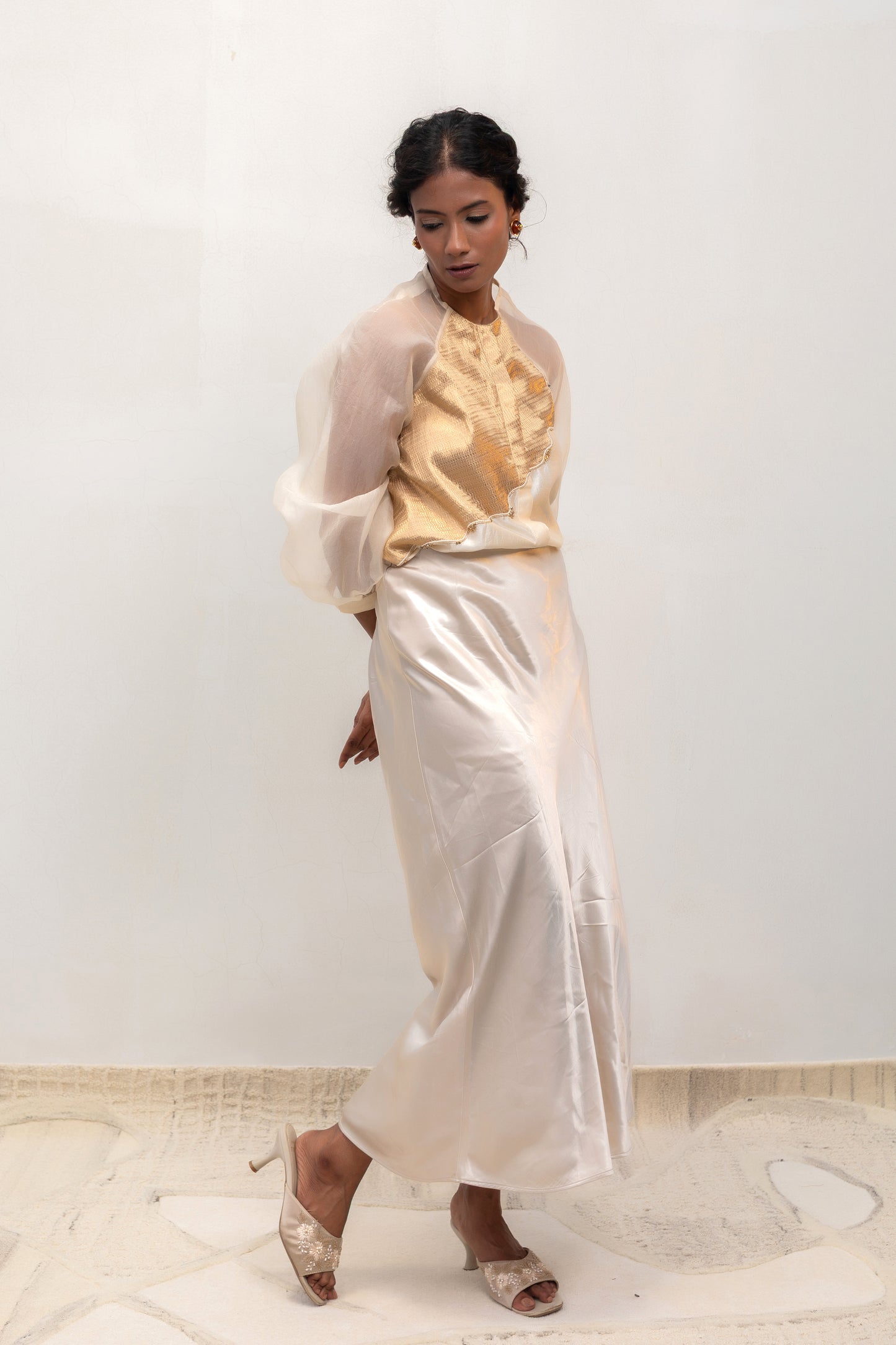 Eeda Silk Tissue Patchwork Shirt with Skirt - Ivory