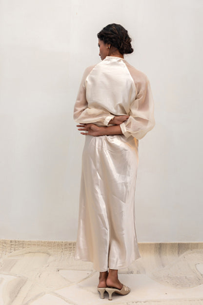 Eeda Silk Shirt with Tissue Brocade Patchwork - Ivory