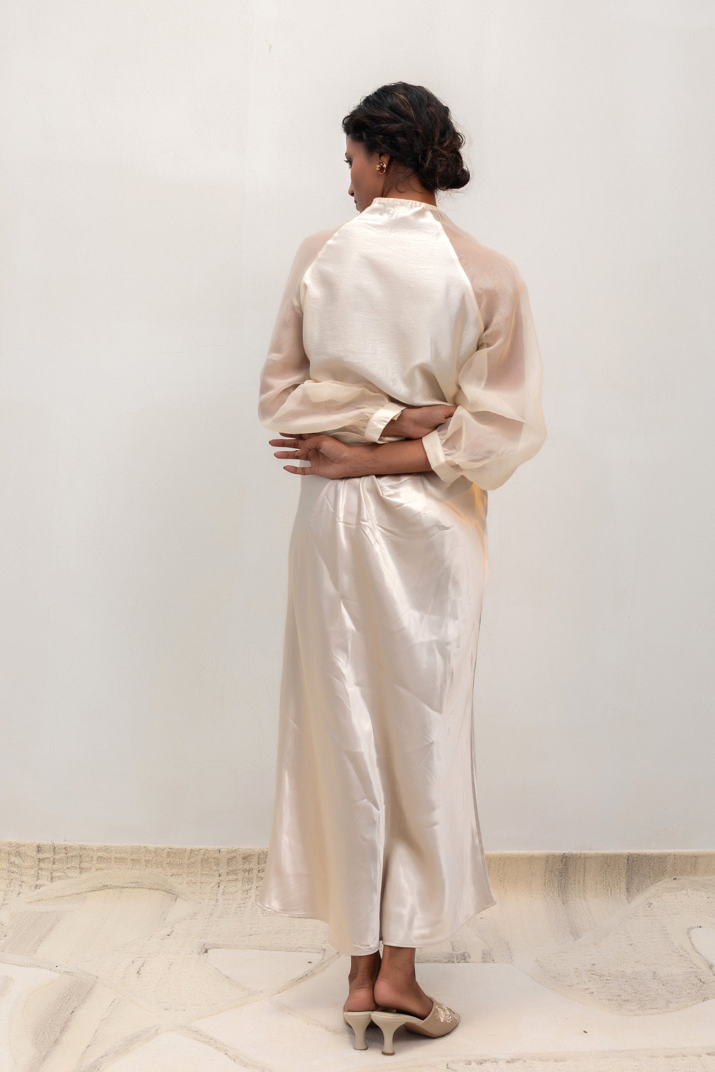 Eeda Silk Tissue Patchwork Shirt with Skirt - Ivory