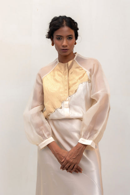 Eeda Silk Shirt with Tissue Brocade Patchwork - Ivory