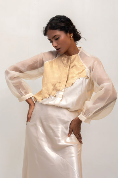 Contemporary ivory silk party-wear shirt with gold tissue patch — Eeda Spotlight