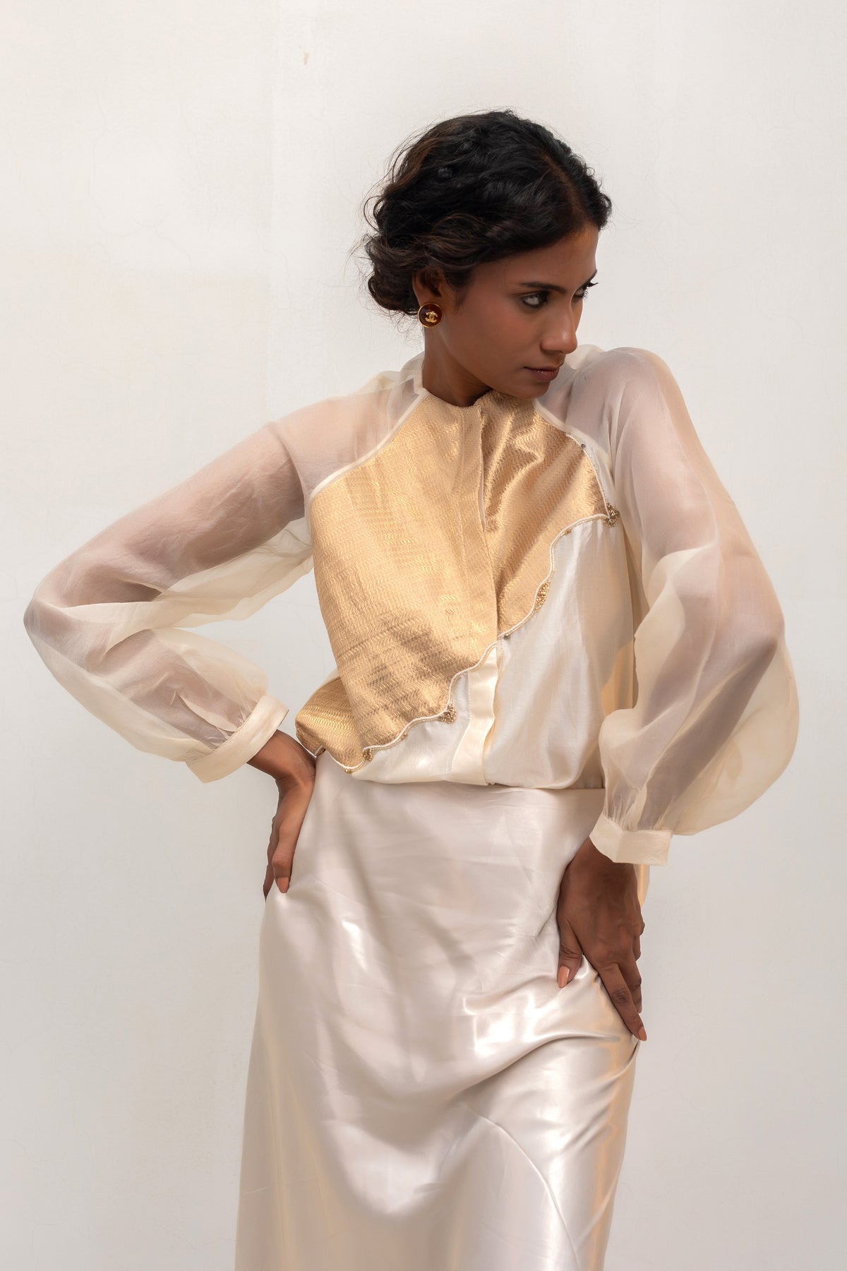 Eeda Silk Shirt with Tissue Brocade Patchwork - Ivory