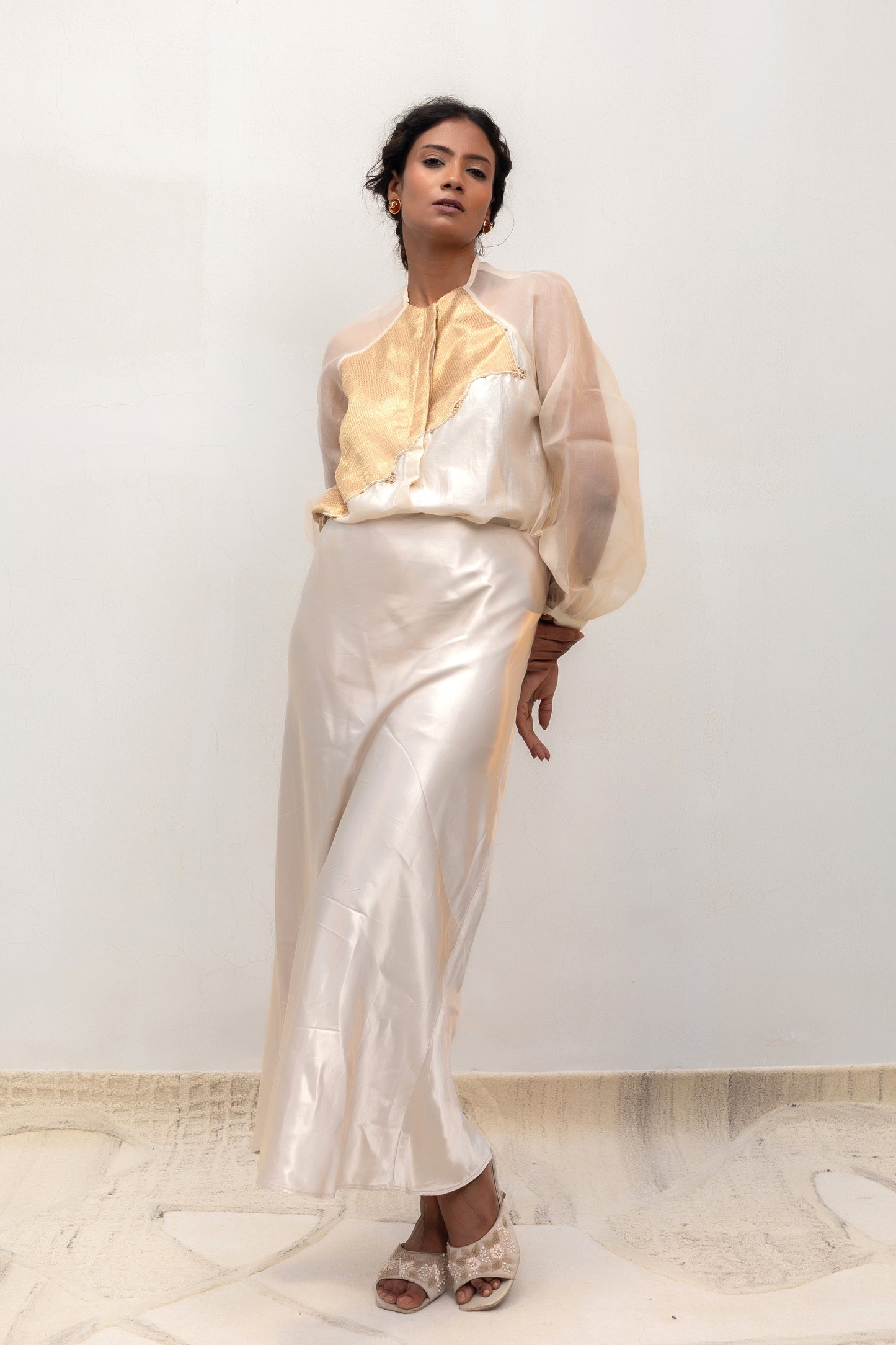 Contemporary ivory silk party-wear shirt with gold tissue patch — Eeda Spotlight