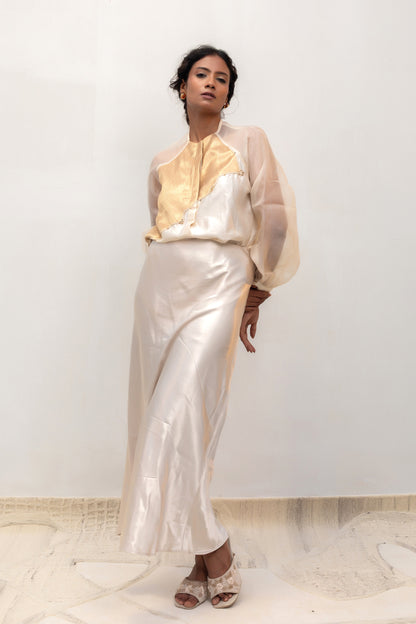 Contemporary ivory silk party-wear shirt with gold tissue patch — Eeda Spotlight