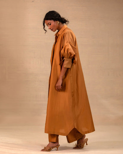 Tinka Silk Chanderi Long Kaftan Kurta Set - Camel