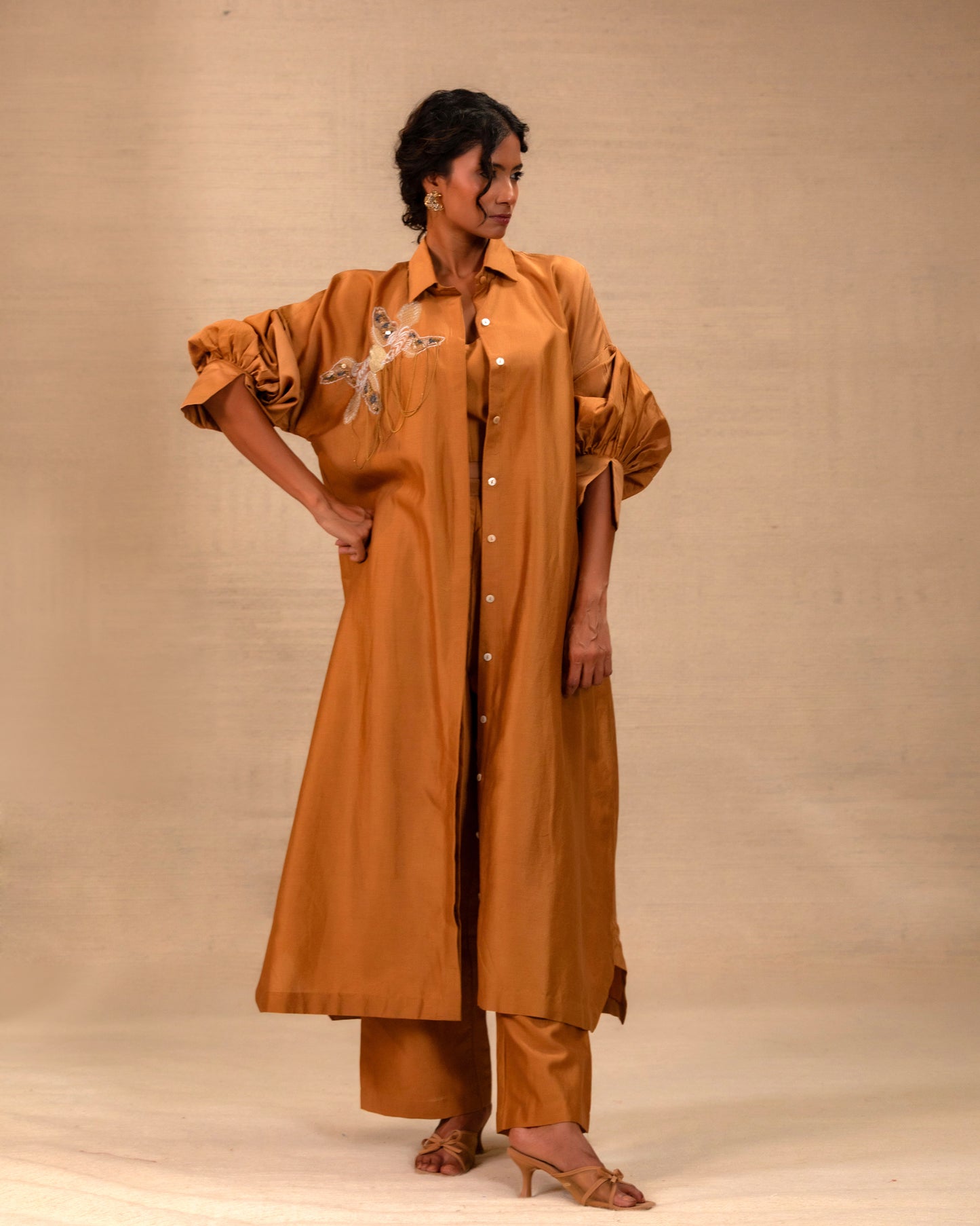 Tinka Silk Chanderi Long Kaftan Kurta Set - Camel