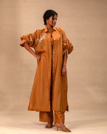 Tinka Silk Chanderi Long Kaftan Kurta Set - Camel