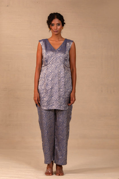 Deep blue brocade co-ord set with matching pants — Eeda Kinkhab