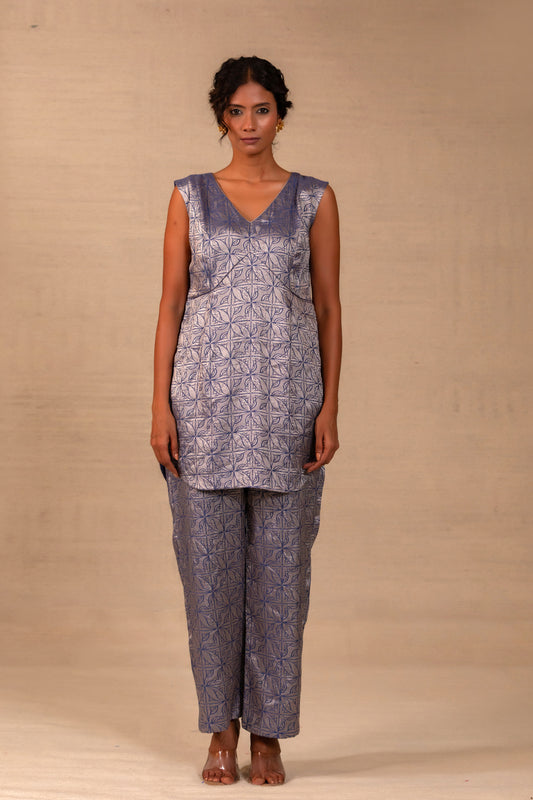 Deep blue brocade co-ord set with matching pants — Eeda Kinkhab