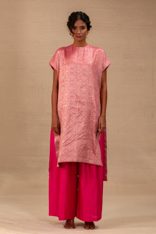 Pink brocade drop-shoulder kurta set with short sleeves and matching pants — Eeda Kinkhab