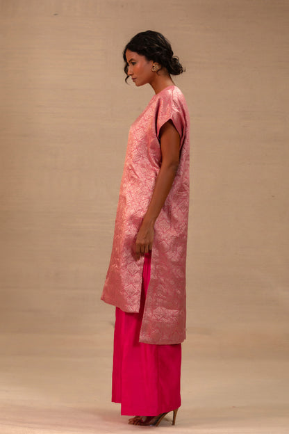 Eeda Silk Brocade Drop Shoulder Kurta Set - Pink