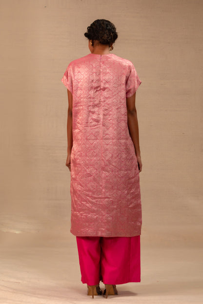 Eeda Silk Brocade Drop Shoulder Kurta Set - Pink