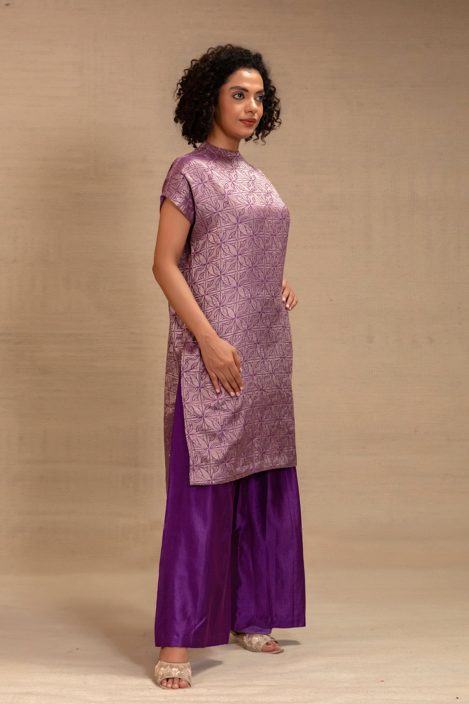 Purple indian brocade co-ord set with a relaxed drop-shoulder kurta — Eeda Kinkhab