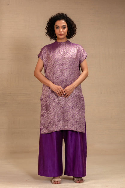 Purple brocade drop-shoulder kurta set with short sleeves and matching pants — Eeda Kinkhab
