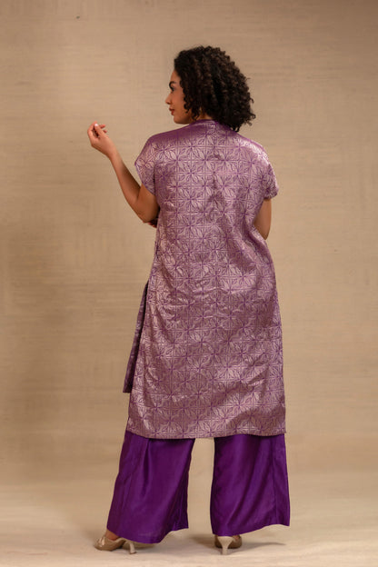 Eeda Silk Brocade Drop Shoulder Kurta Set - Purple