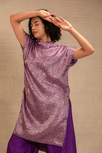 Eeda Silk Brocade Drop Shoulder Kurta Set - Purple