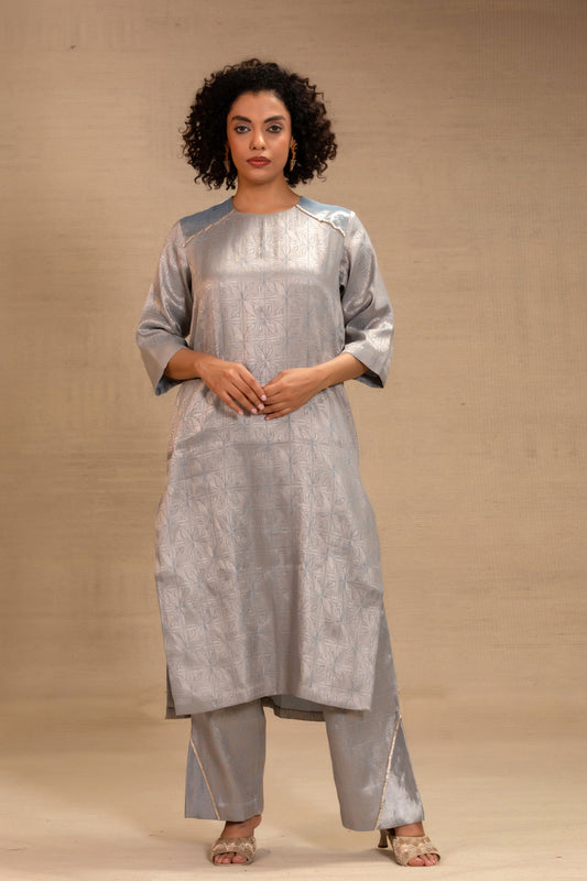 Soft blue brocade long kurta set with tissue and embellished shoulder detailing — Eeda Kinkhab