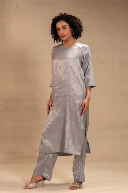 Powder blue Iindian brocade co-ord set with embellished pants — Eeda Kinkhab