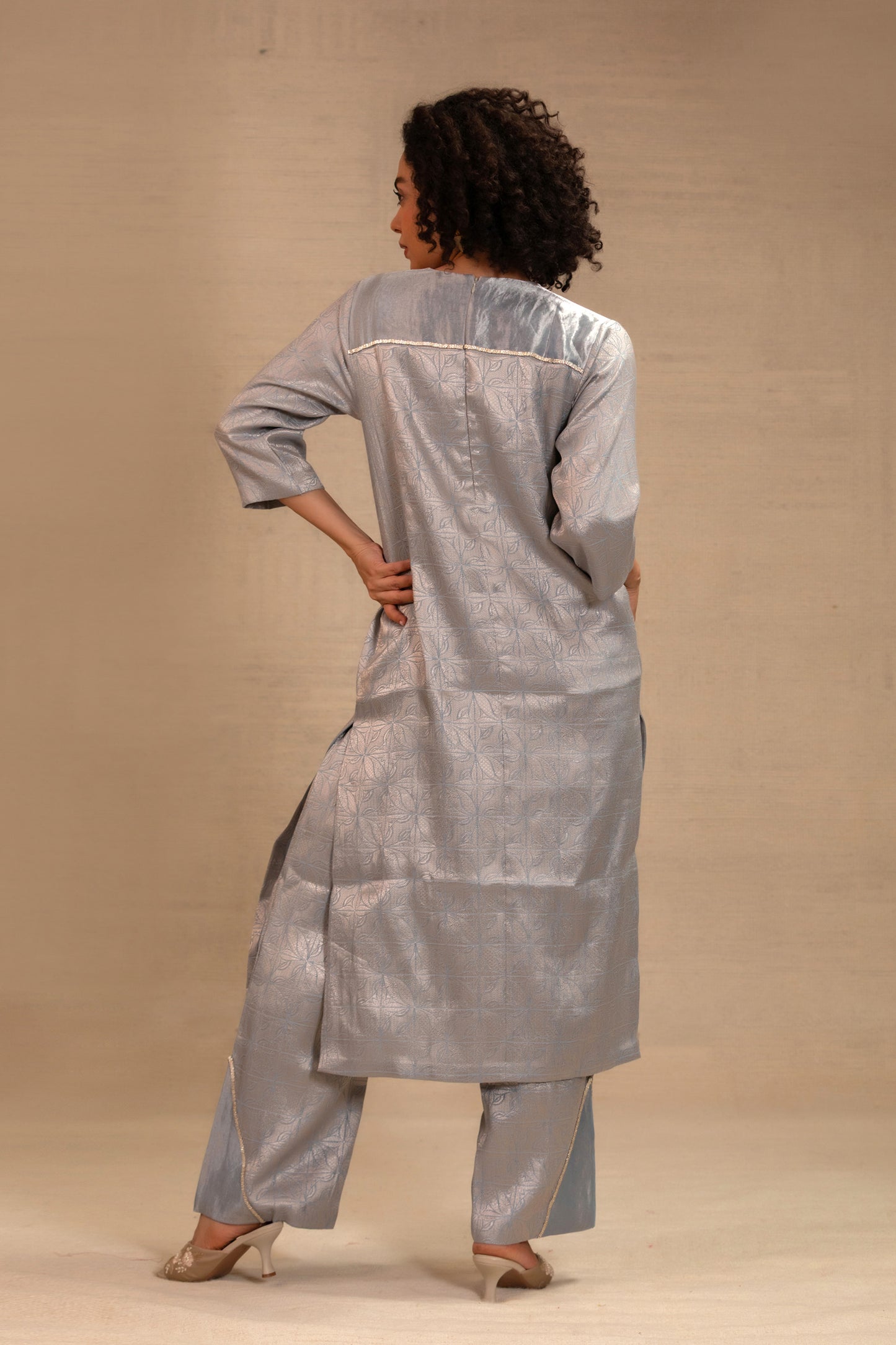 Eeda Silk Brocade Long Kurta Set - Blue