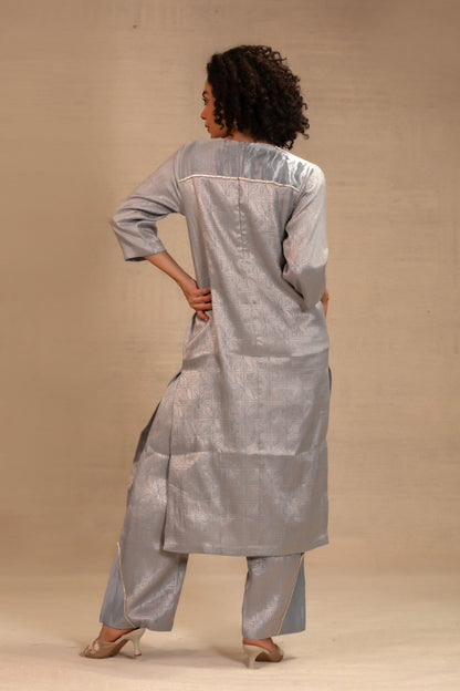 Eeda Silk Brocade Long Kurta Set - Blue