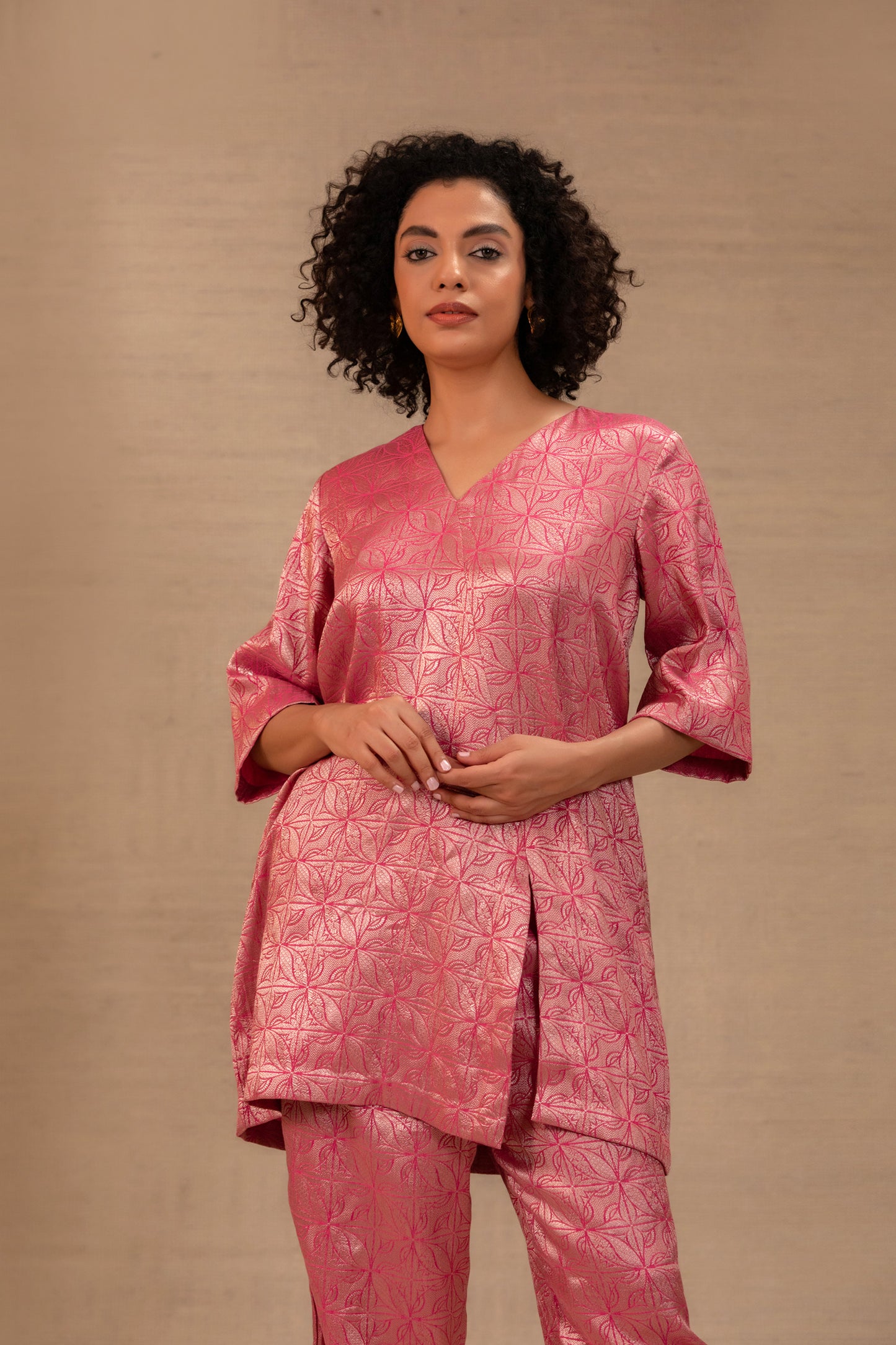 Eeda Silk Brocade Short Kurta Set - Pink