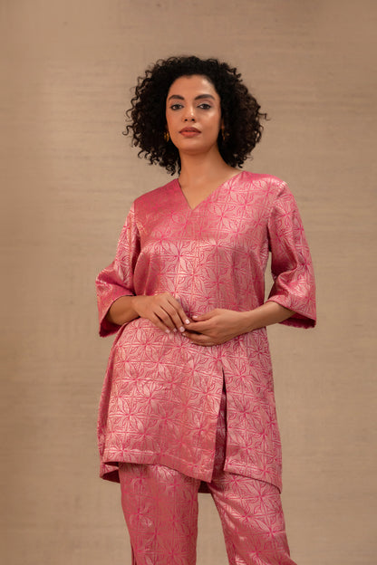 Eeda Silk Brocade Short Kurta Set - Pink