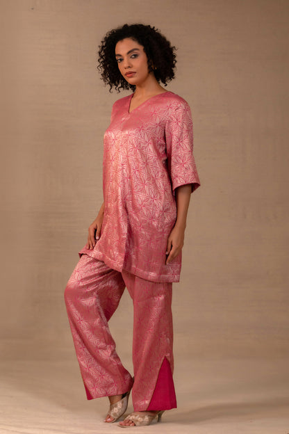 Pink indian brocade co-ord set, short kurta and pants — Eeda Kinkhab