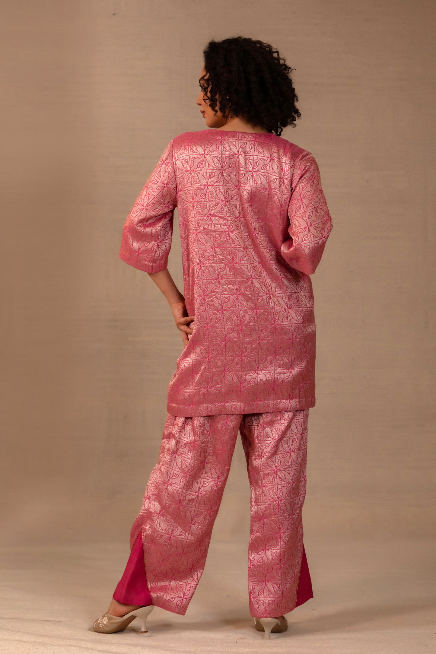 Eeda Silk Brocade Short Kurta Set - Pink