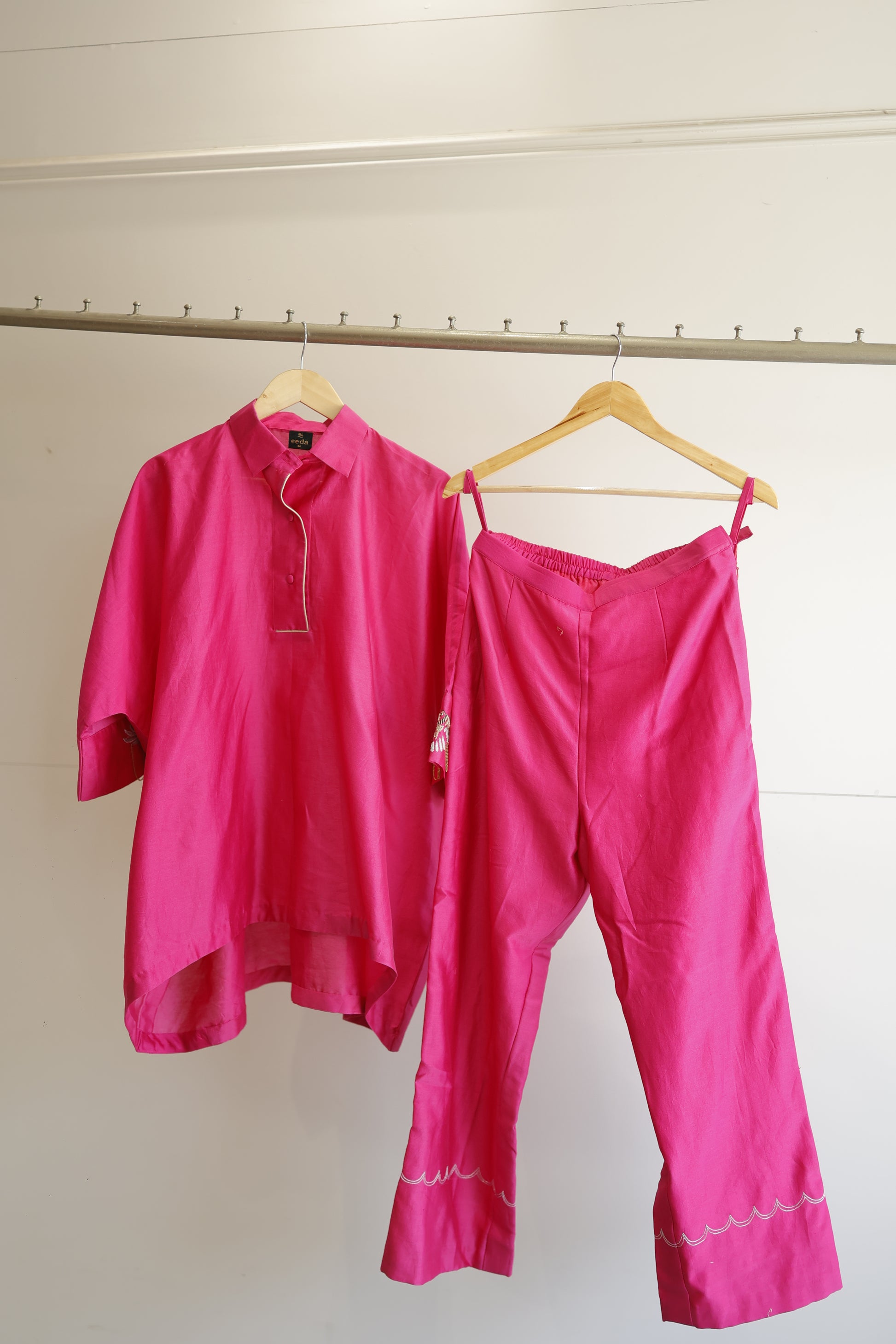 Eeda Pink Coord Set in Chanderi with hand embroidery