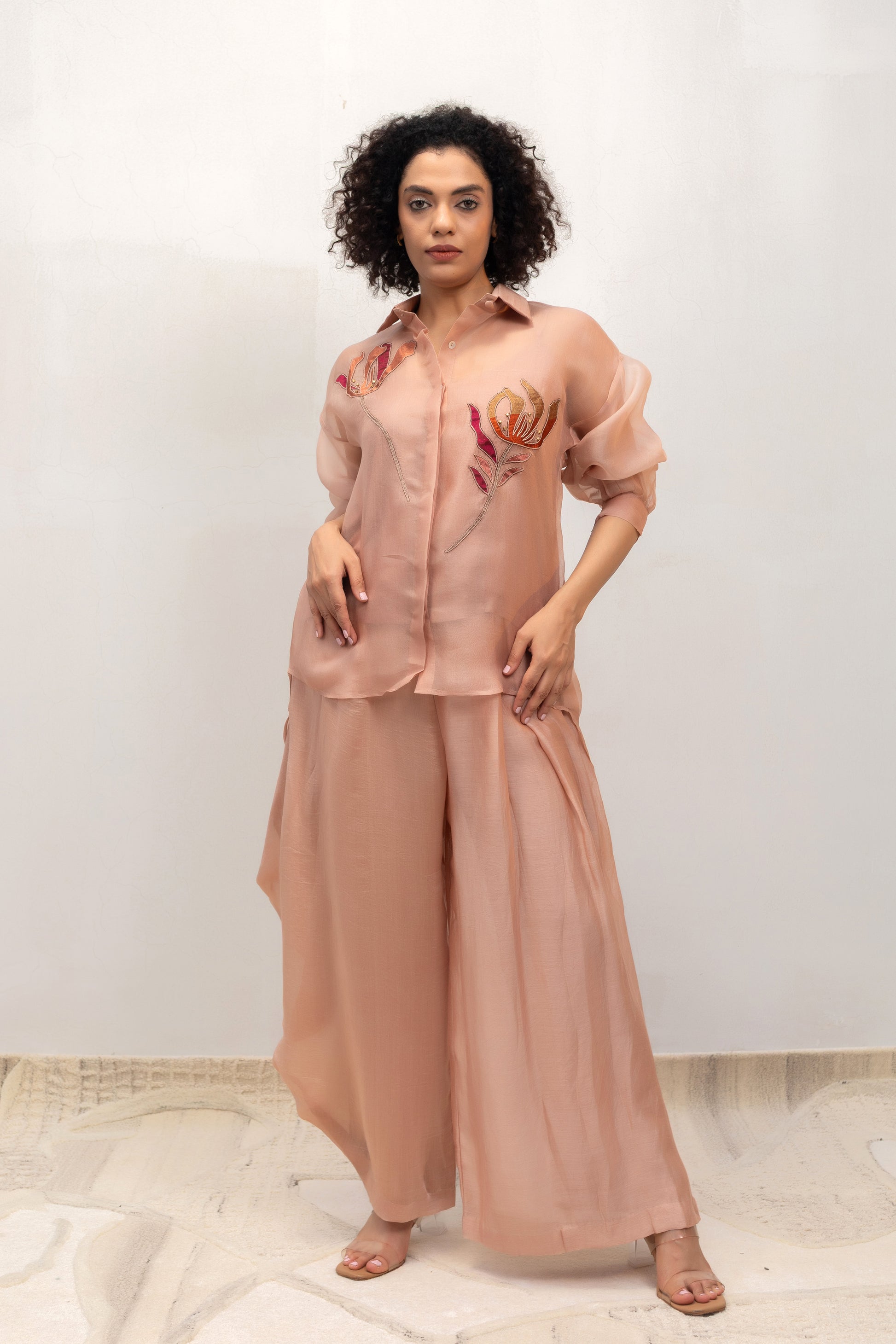 Peach organza tissue-flower shirt with an asymmetric cowl pant co-ord set — Eeda